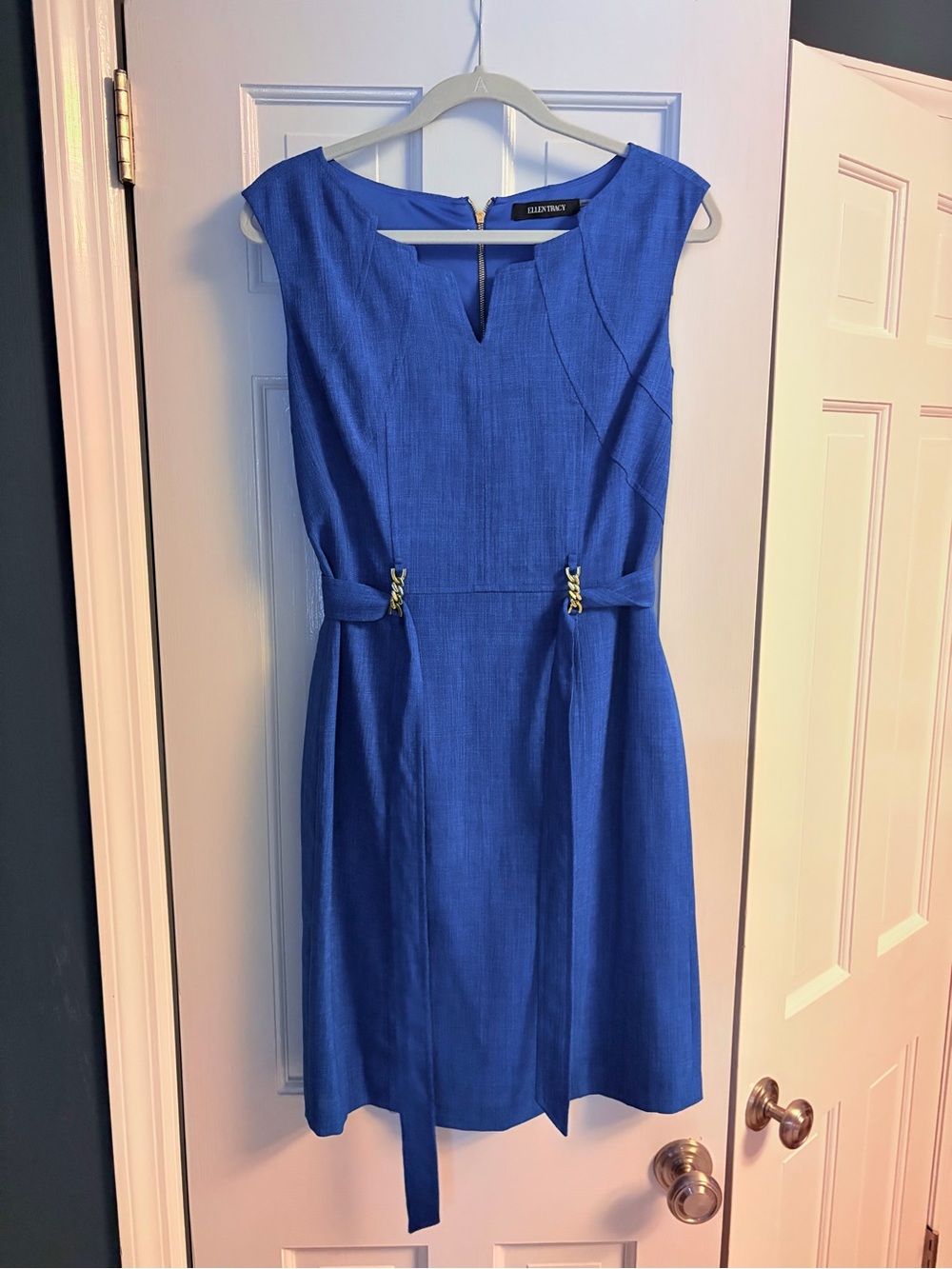 Ellen Tracy Cobalt Blue Midi Dress with Gold-Tone Waist Accents